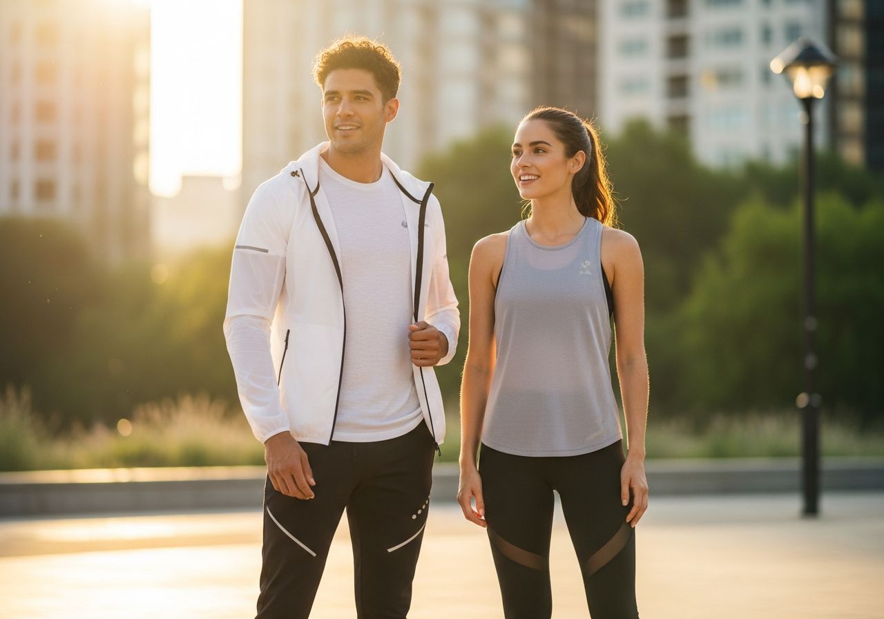 Mladý sportovní pár v moderním sportovním oblečení stojí v městském parku za zlaté hodiny.