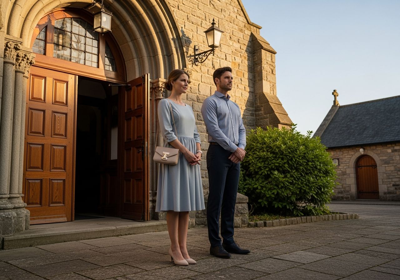 Žena a muž v slušném oblečení stojí před vchodem do kostela během dne pod modrou oblohou