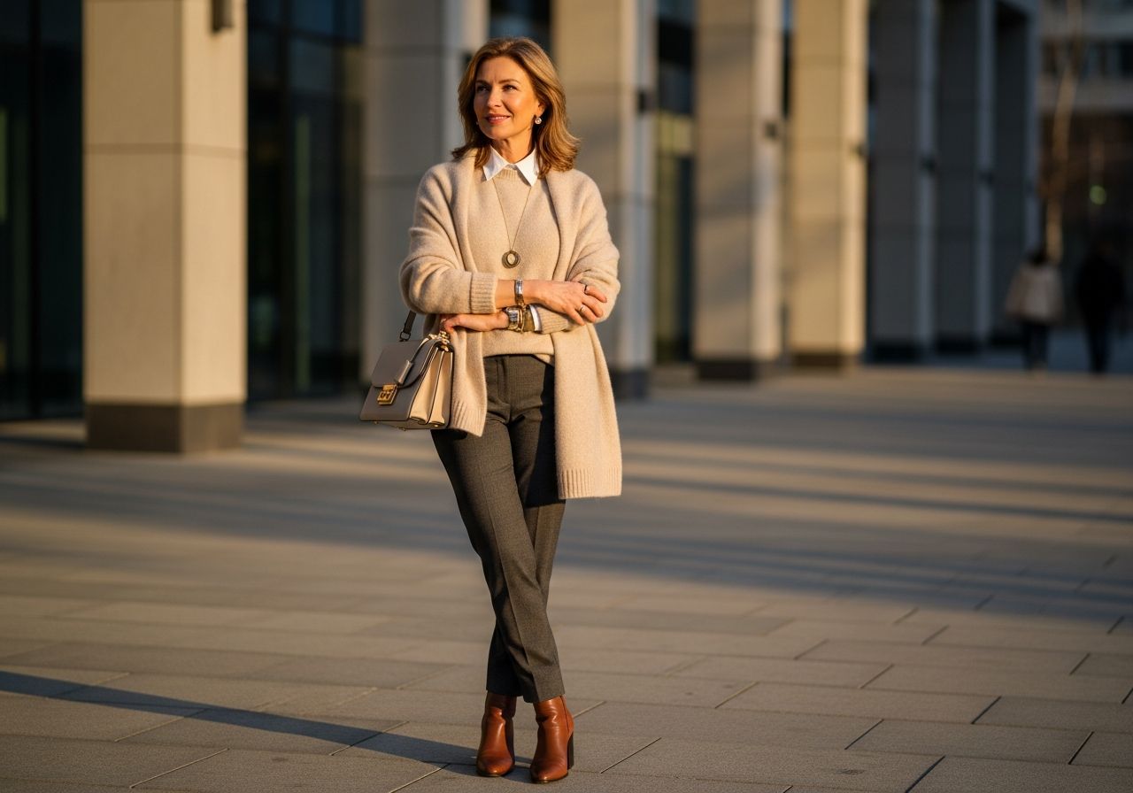 Stylová žena kolem padesátky v moderním městském prostředí za zlaté hodiny s kabelkou a minimalistickými šperky