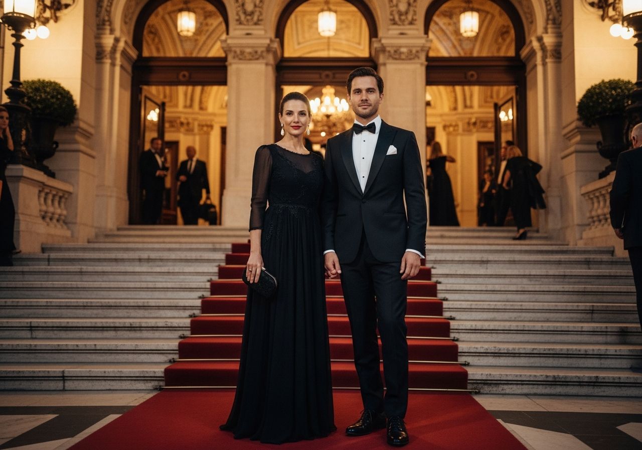 Elegantní pár před vstupem do opery večer na červeném koberci před zdobenou budovou