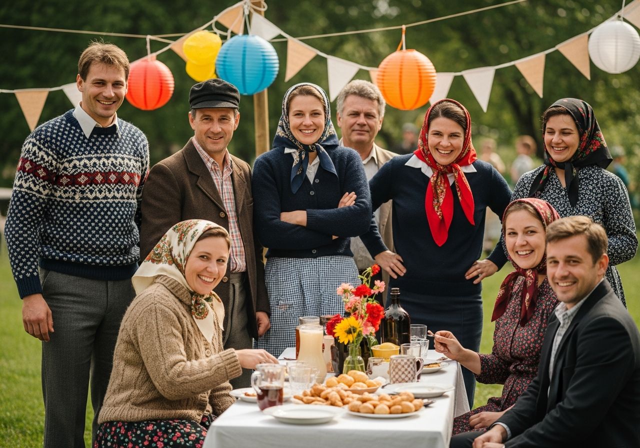 Skupina lidí slaví venku v 80. letech ČSSR, oblečená v dobovém oblečení u piknikového stolu.