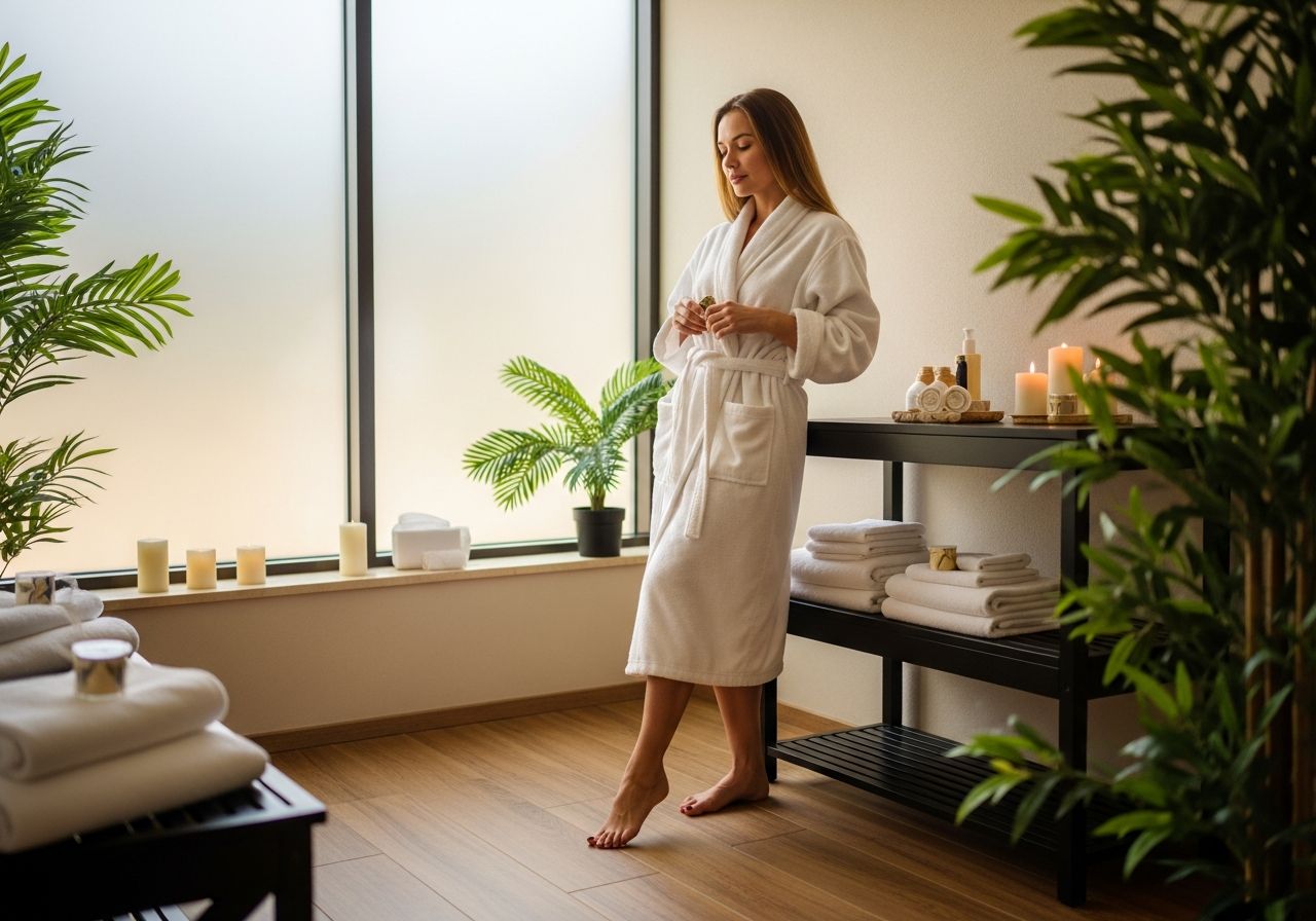 Žena v bílém županu v hotelovém wellness, bosá na dřevěné podlaze, obklopena ručníky a svíčkami.
