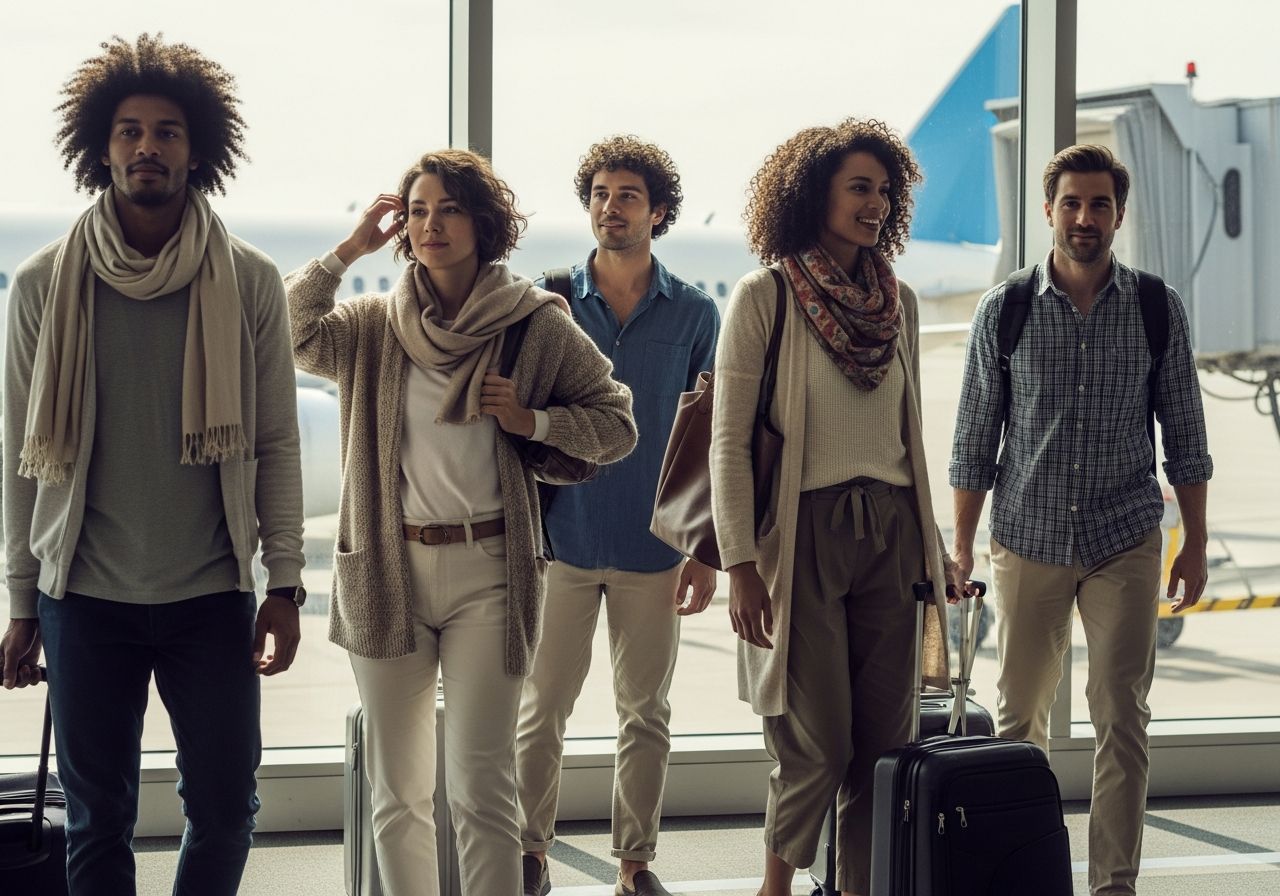 Cestující v pohodlném oblečení čekají na nástup do letadla u brány s batožinou v denním světle.