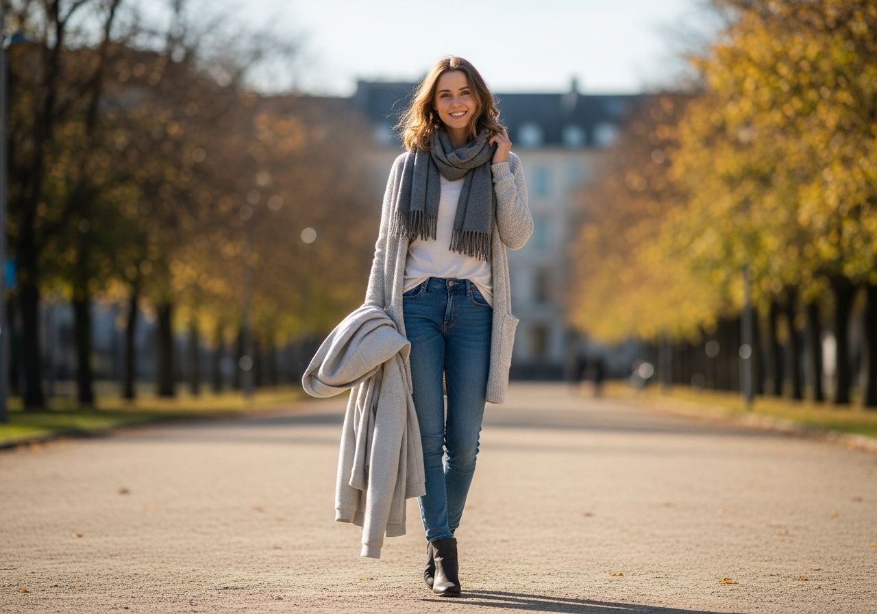 Mladá žena v podzimním oblečení drží bundu v ruce v parku s měnícím se listím.