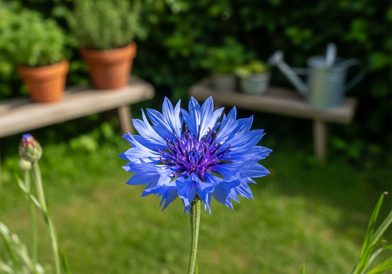 Detail modrého chrpového květu Centaurea cyanus v zahradě s lavičkou a nádobami v pozadí