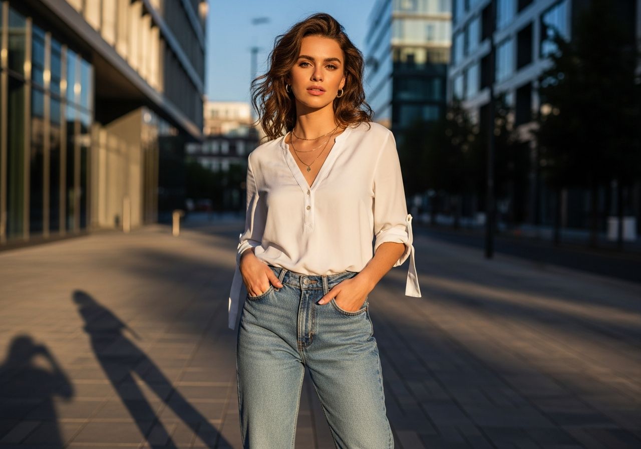 Mladá žena stojící na ulici v boyfriend džínách a bílé košili s vlnitými vlasy.