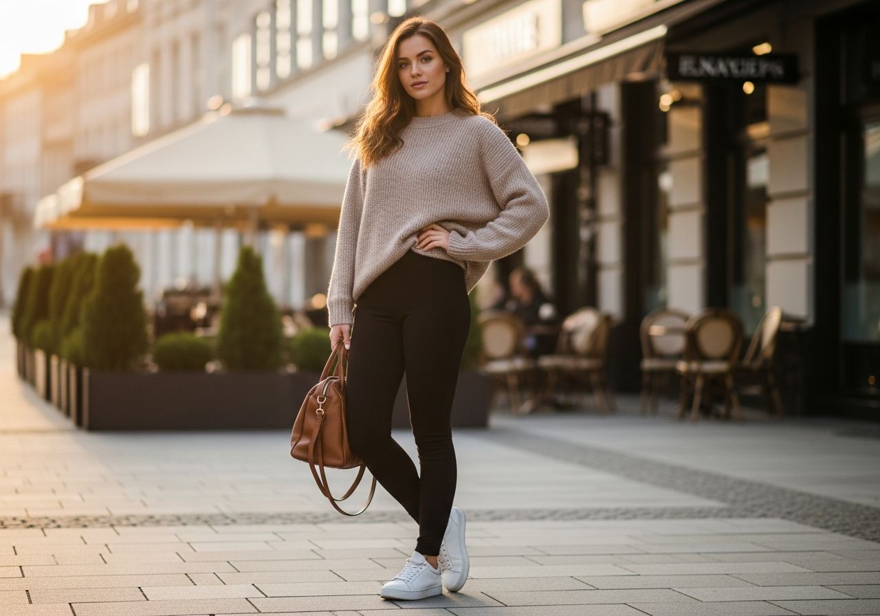 Mladá žena v černých legínách a béžovém svetru stojí ve městě při zlaté hodině s koženou taškou.