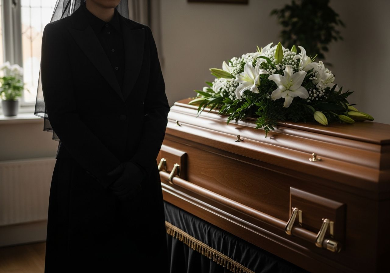 Osoba v černém stojí u rakve s bílými liliemi v tradičním pohřebním prostředí.