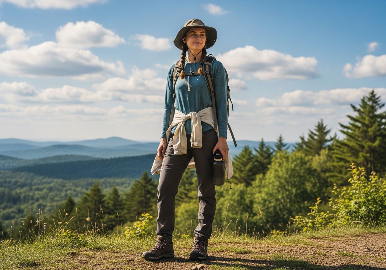 Mladá žena na turistické stezce s batohem a láhví vody v přírodě pod modrou oblohou