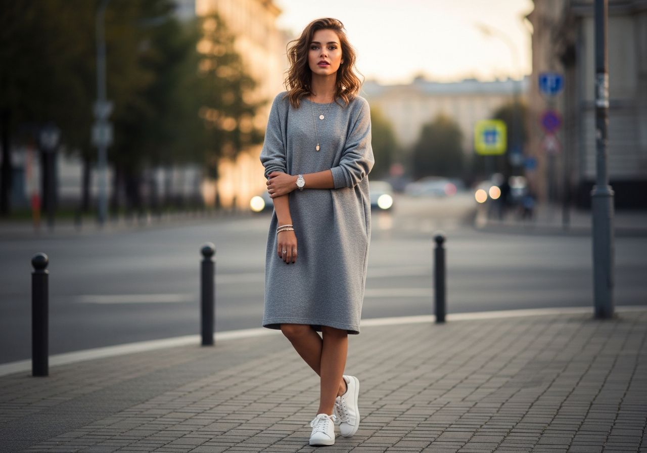 Mladá žena v oversized šedých šatech a bílých teniskách na městské ulici za zlaté hodiny