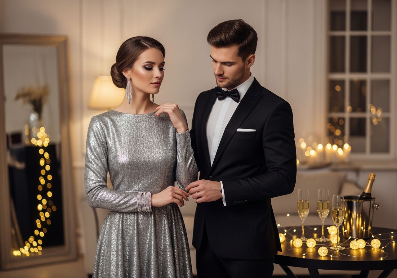 Elegántní pár připravuje novoroční oslavu v luxusním bytě s jemným osvětlením a slavnostní výzdobou.