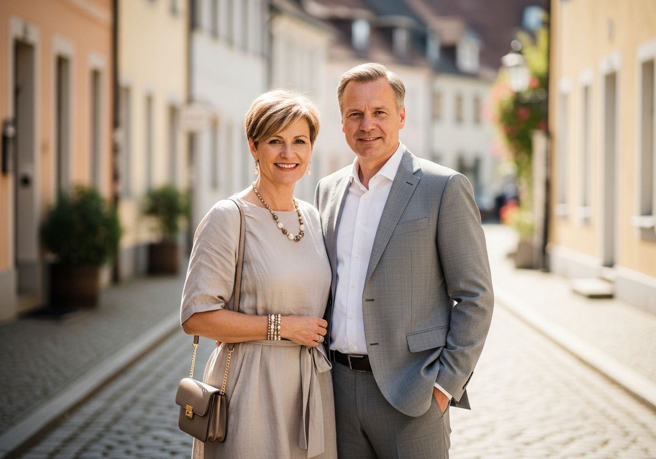 Středně starý pár v elegantním oblečení pózuje venku na slunečné dlážděné ulici města.