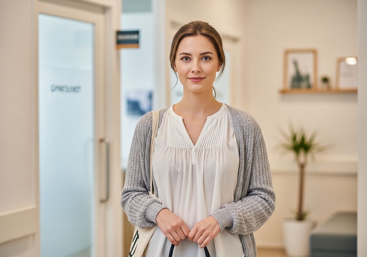 Mladá žena v moderní klinice čeká na gynekologickou prohlídku s taškou a pohodlným oblečením