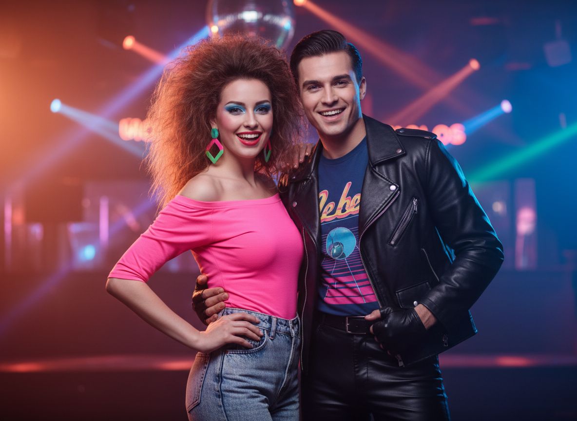Mladý pár v 80. letech ve světlém klubovém prostředí s neonovými světly a disco koulí