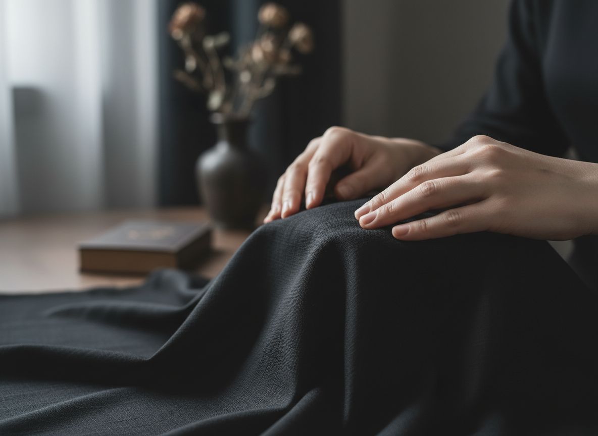 Detailní záběr rukou skládajících tradiční černou pohřební látku v tlumeném osvětlení.